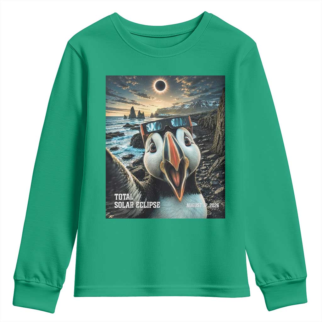 Puffin Selfie August 12 2026 Total Solar Eclipse Youth Sweatshirt Funny Totality Photographic Astronomy Souvenir