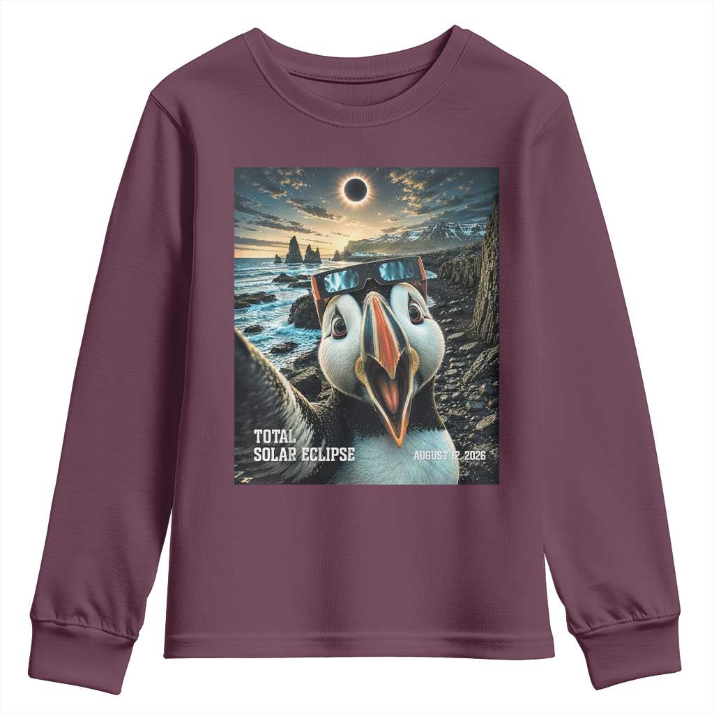 Puffin Selfie August 12 2026 Total Solar Eclipse Youth Sweatshirt Funny Totality Photographic Astronomy Souvenir