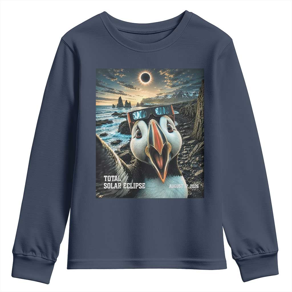 Puffin Selfie August 12 2026 Total Solar Eclipse Youth Sweatshirt Funny Totality Photographic Astronomy Souvenir