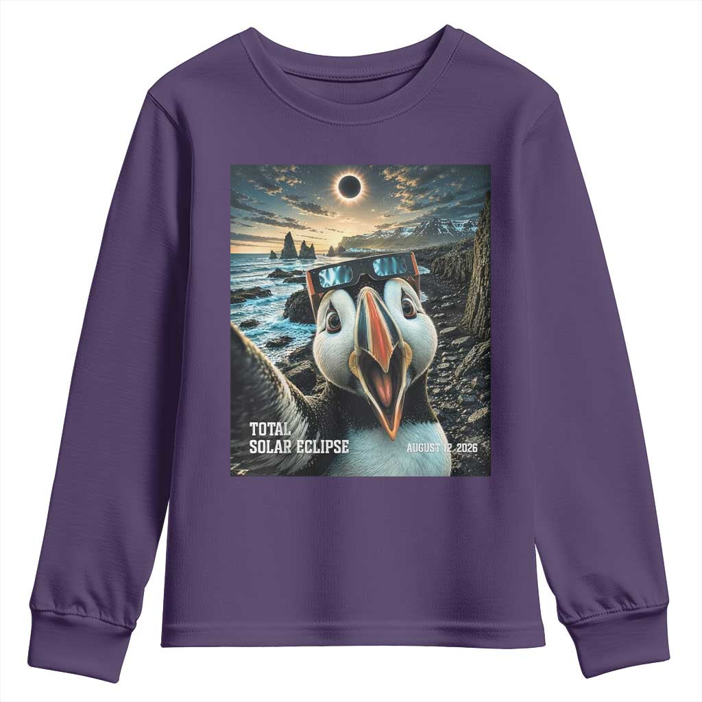 Puffin Selfie August 12 2026 Total Solar Eclipse Youth Sweatshirt Funny Totality Photographic Astronomy Souvenir