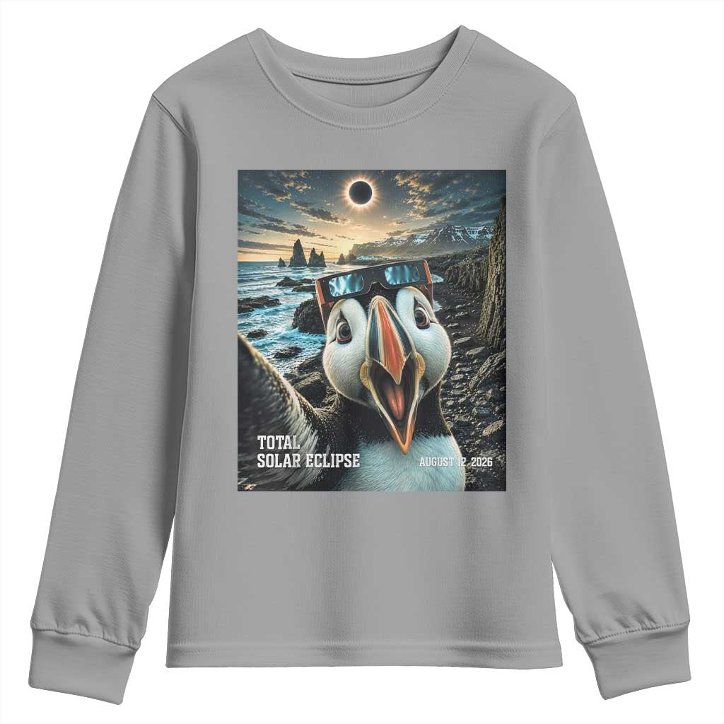 Puffin Selfie August 12 2026 Total Solar Eclipse Youth Sweatshirt Funny Totality Photographic Astronomy Souvenir