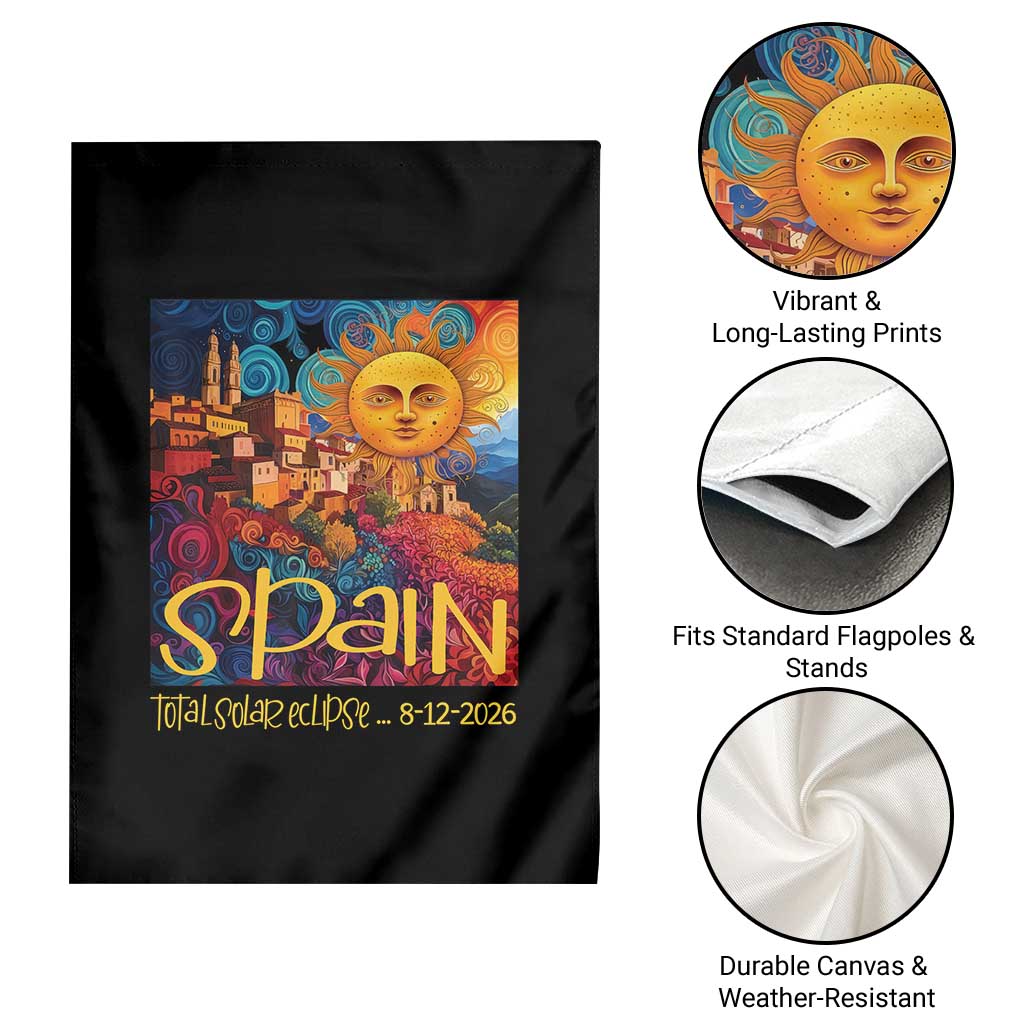 Spain 2026 Total Solar Eclipse Sun Face Graphic Garden Flag Espana Totality Travel Memorabilia Astronomy Geek Gift
