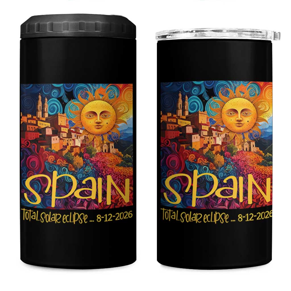 Spain 2026 Total Solar Eclipse Sun Face Graphic 4 in 1 Can Cooler Tumbler Espana Totality Travel Memorabilia Astronomy Geek Gift