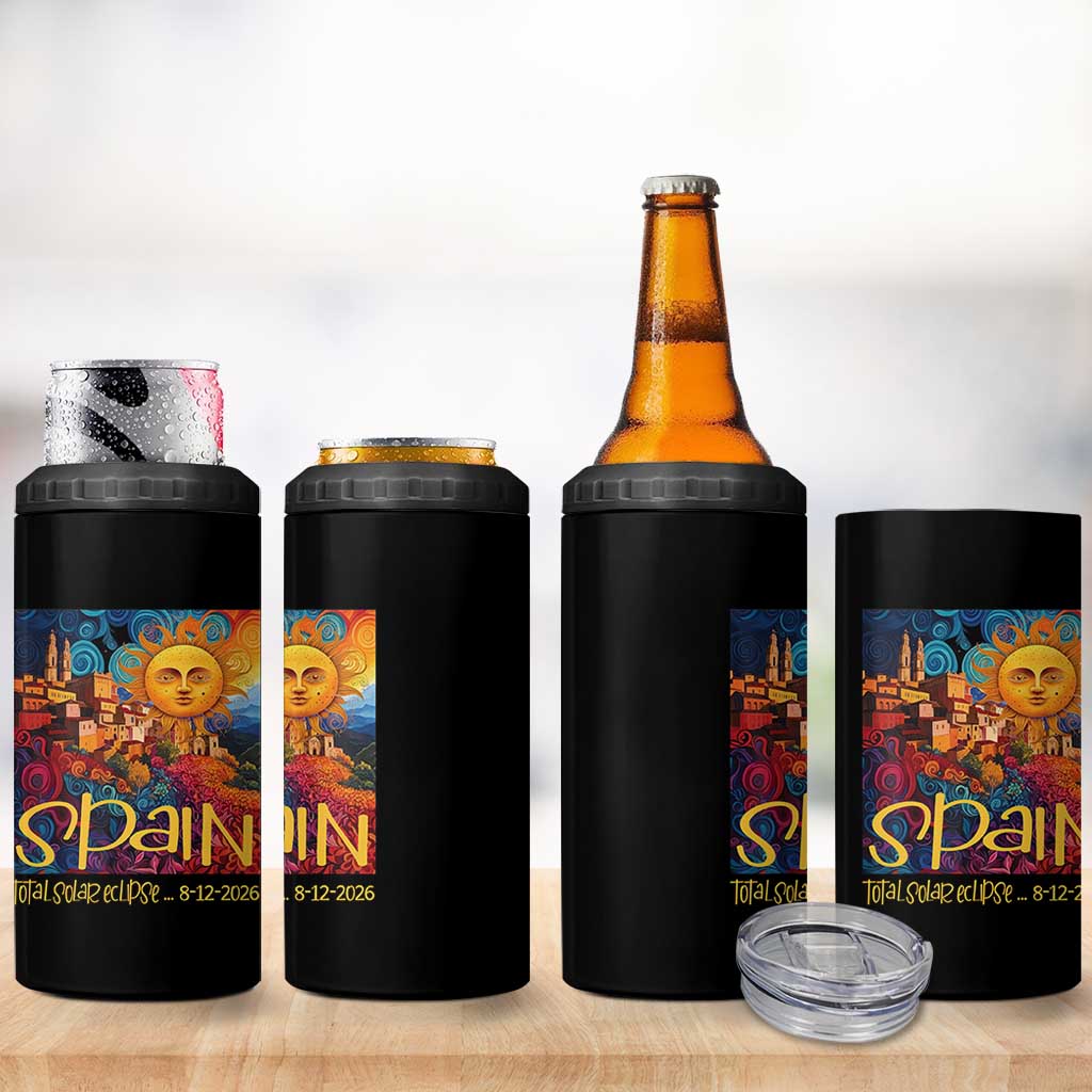Spain 2026 Total Solar Eclipse Sun Face Graphic 4 in 1 Can Cooler Tumbler Espana Totality Travel Memorabilia Astronomy Geek Gift