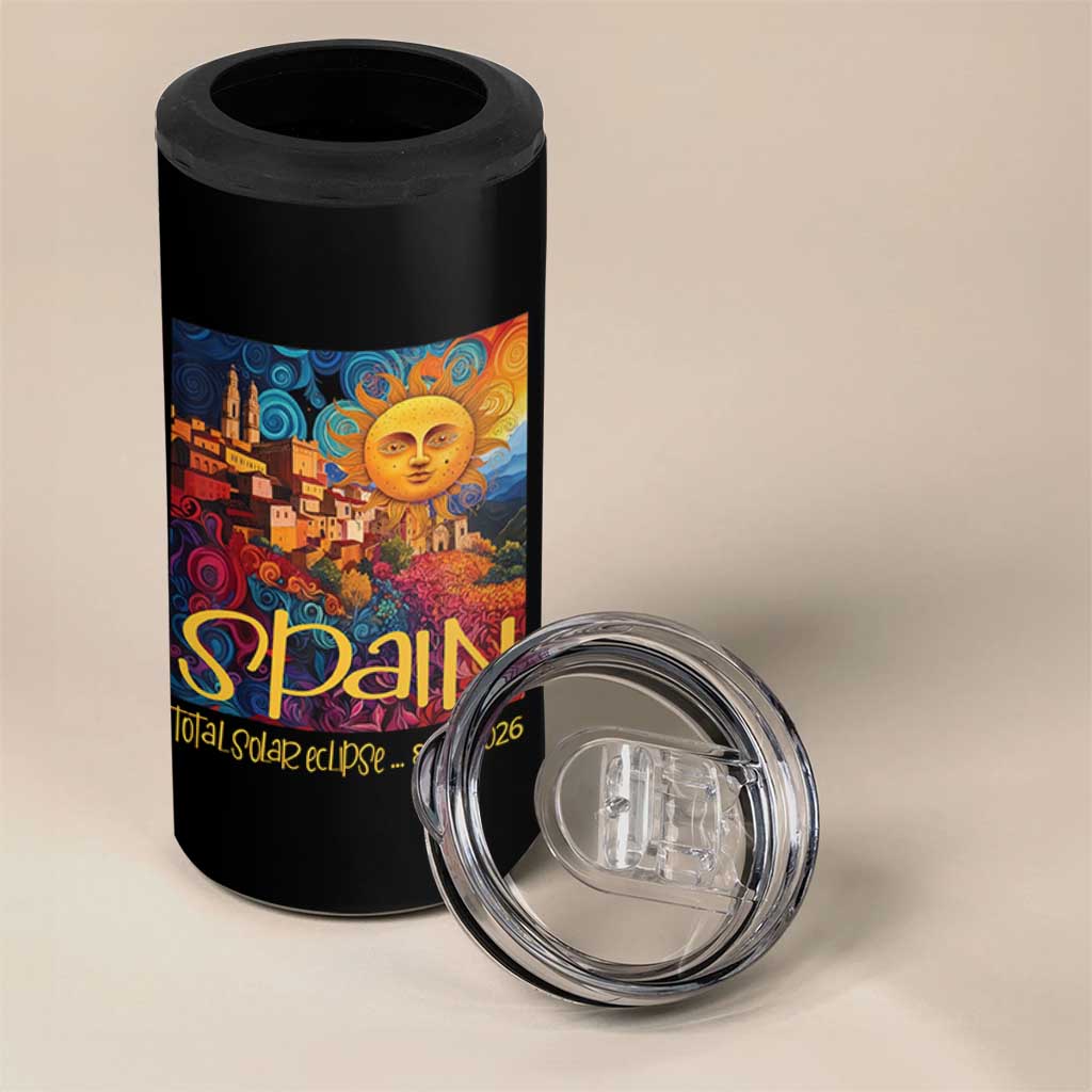 Spain 2026 Total Solar Eclipse Sun Face Graphic 4 in 1 Can Cooler Tumbler Espana Totality Travel Memorabilia Astronomy Geek Gift