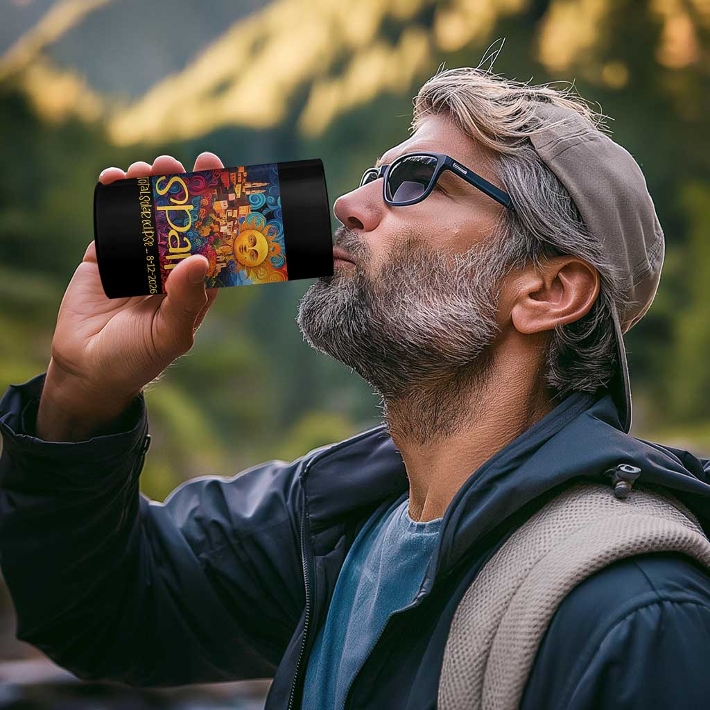 Spain 2026 Total Solar Eclipse Sun Face Graphic 4 in 1 Can Cooler Tumbler Espana Totality Travel Memorabilia Astronomy Geek Gift