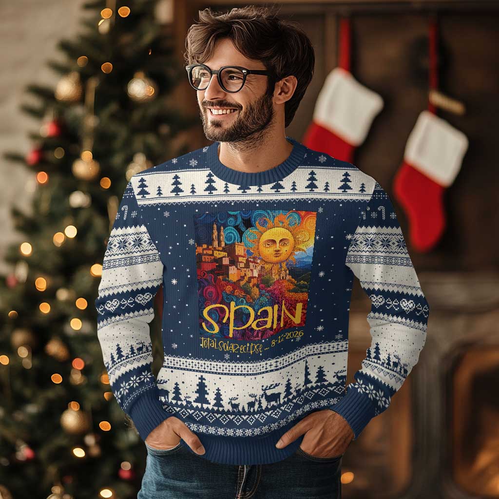 Spain 2026 Total Solar Eclipse Sun Face Graphic Ugly Christmas Sweater Espana Totality Travel Memorabilia Astronomy Geek Gift