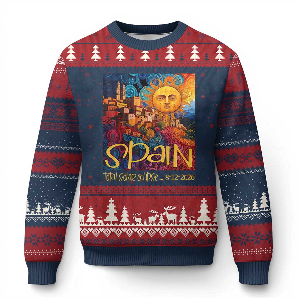 Spain 2026 Total Solar Eclipse Sun Face Graphic Ugly Christmas Sweater Espana Totality Travel Memorabilia Astronomy Geek Gift