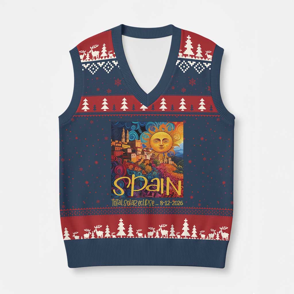 Spain 2026 Total Solar Eclipse Sun Face Graphic V-Neck Knit Sweater Vest Espana Totality Travel Memorabilia Astronomy Geek Gift
