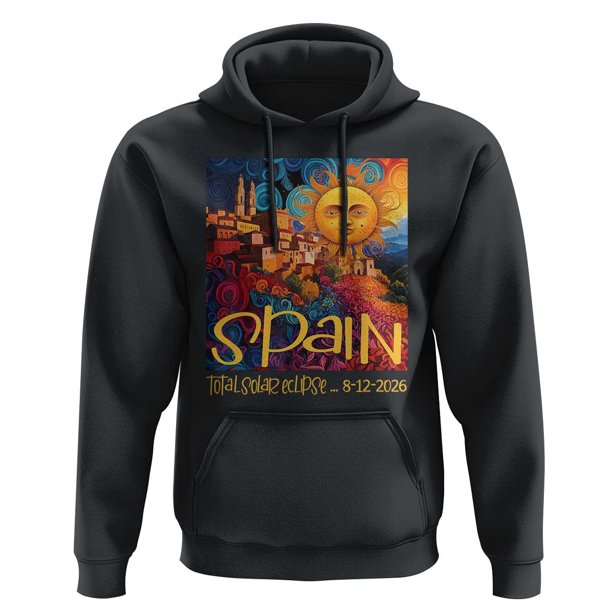 Spain 2026 Total Solar Eclipse Sun Face Graphic Hoodie Espana Totality Travel Memorabilia Astronomy Geek Gift
