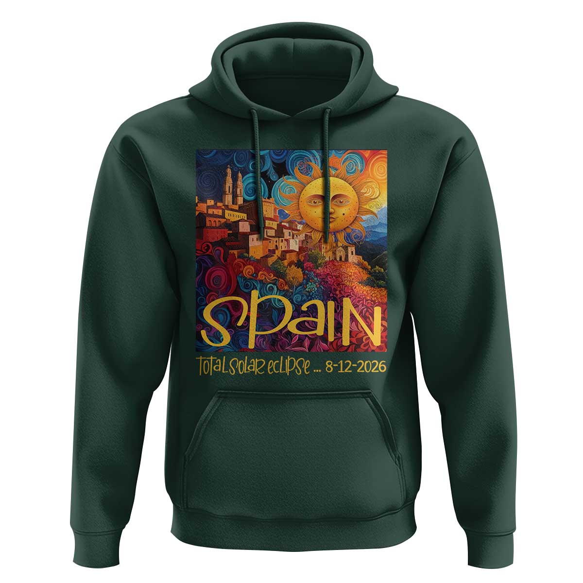 Spain 2026 Total Solar Eclipse Sun Face Graphic Hoodie Espana Totality Travel Memorabilia Astronomy Geek Gift