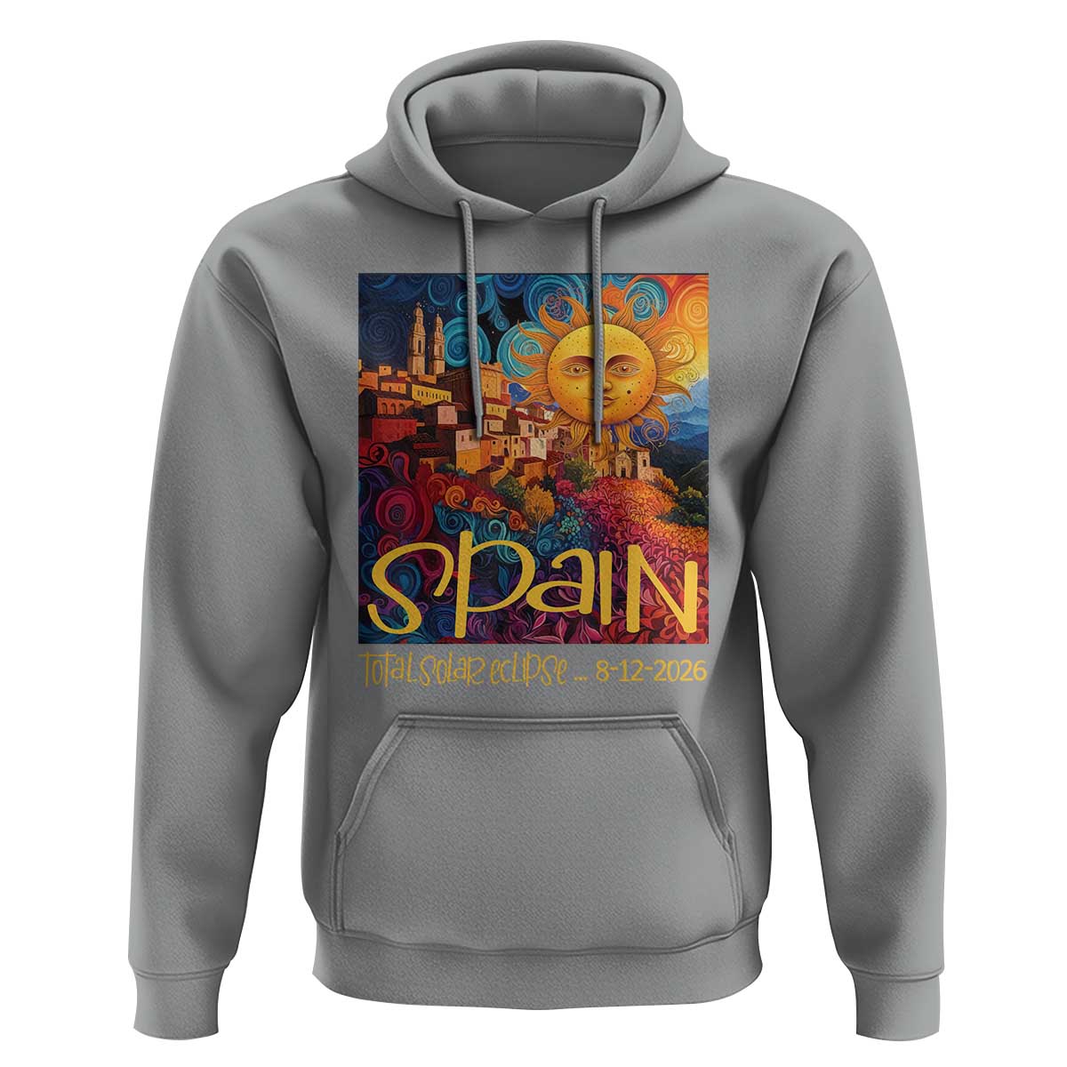 Spain 2026 Total Solar Eclipse Sun Face Graphic Hoodie Espana Totality Travel Memorabilia Astronomy Geek Gift
