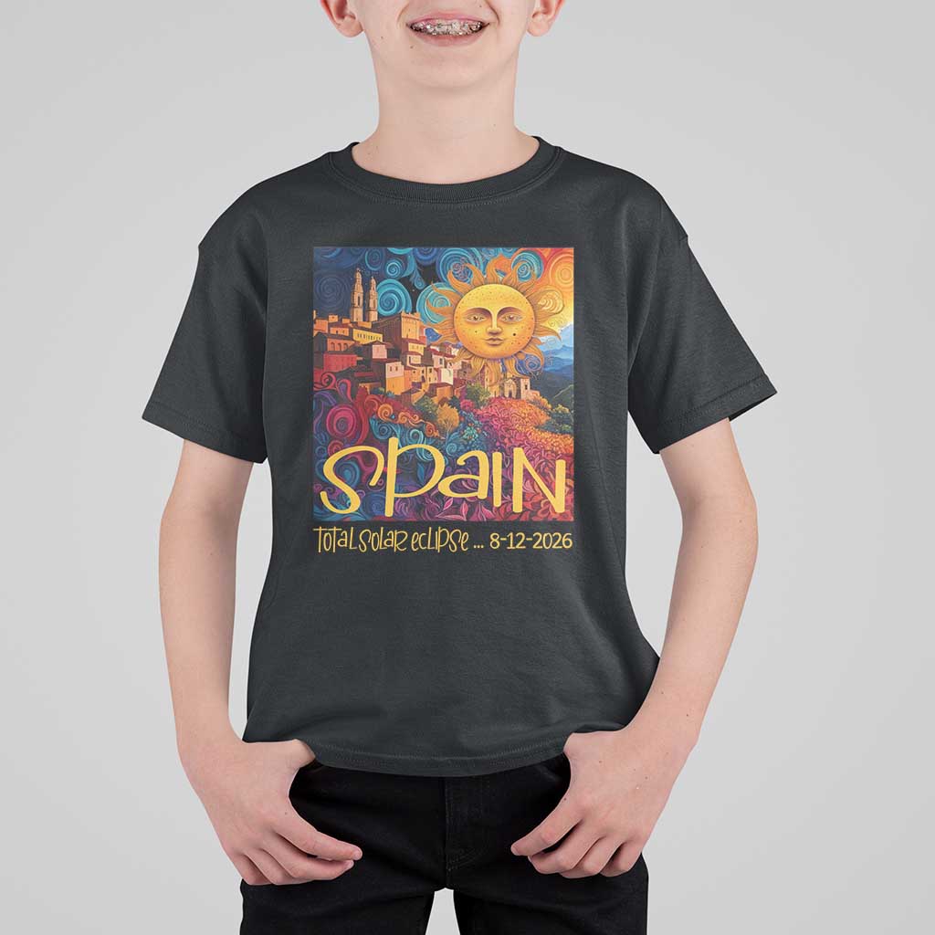 Spain 2026 Total Solar Eclipse Sun Face Graphic T Shirt For Kid Espana Totality Travel Memorabilia Astronomy Geek Gift