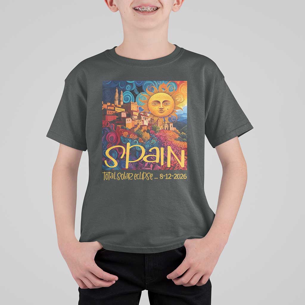 Spain 2026 Total Solar Eclipse Sun Face Graphic T Shirt For Kid Espana Totality Travel Memorabilia Astronomy Geek Gift
