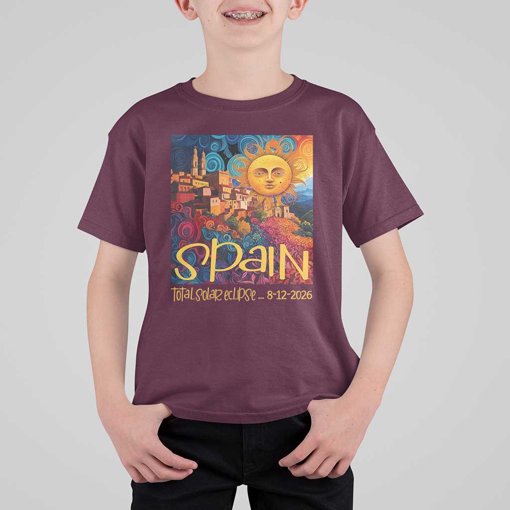 Spain 2026 Total Solar Eclipse Sun Face Graphic T Shirt For Kid Espana Totality Travel Memorabilia Astronomy Geek Gift