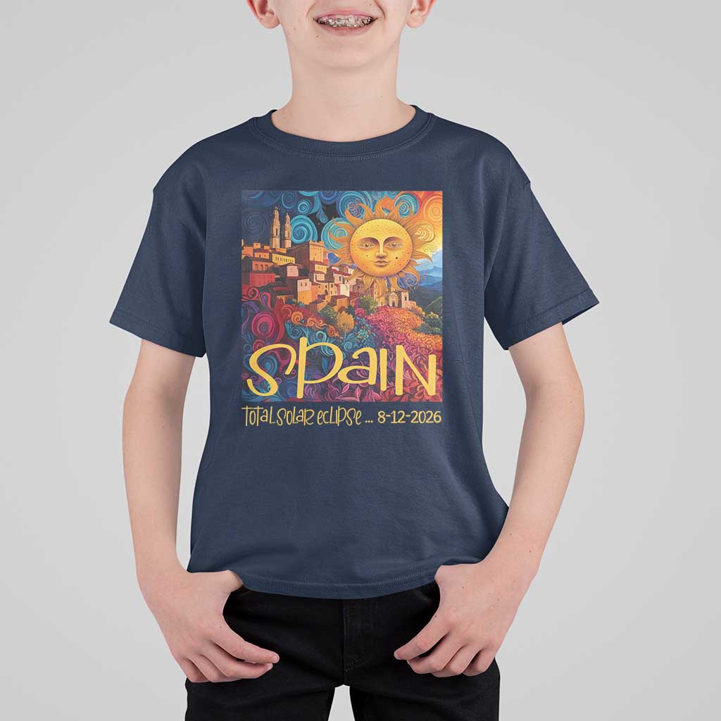 Spain 2026 Total Solar Eclipse Sun Face Graphic T Shirt For Kid Espana Totality Travel Memorabilia Astronomy Geek Gift