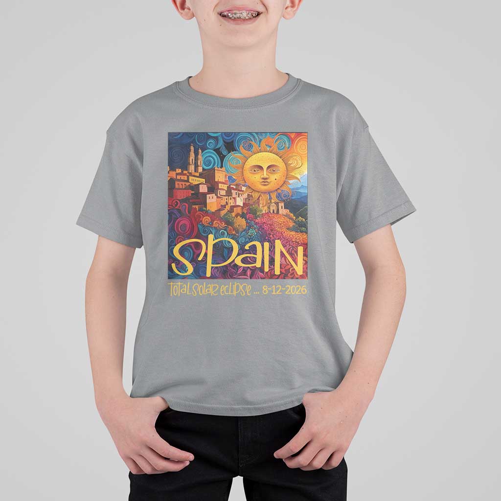 Spain 2026 Total Solar Eclipse Sun Face Graphic T Shirt For Kid Espana Totality Travel Memorabilia Astronomy Geek Gift