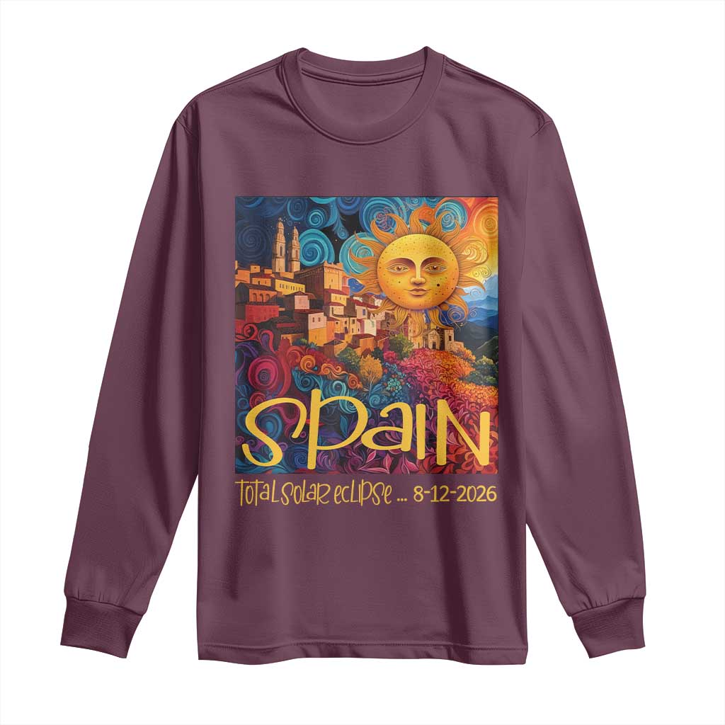 Spain 2026 Total Solar Eclipse Sun Face Graphic Long Sleeve Shirt Espana Totality Travel Memorabilia Astronomy Geek Gift
