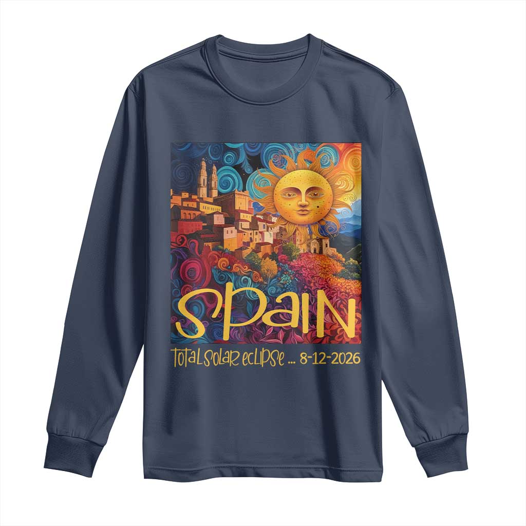 Spain 2026 Total Solar Eclipse Sun Face Graphic Long Sleeve Shirt Espana Totality Travel Memorabilia Astronomy Geek Gift