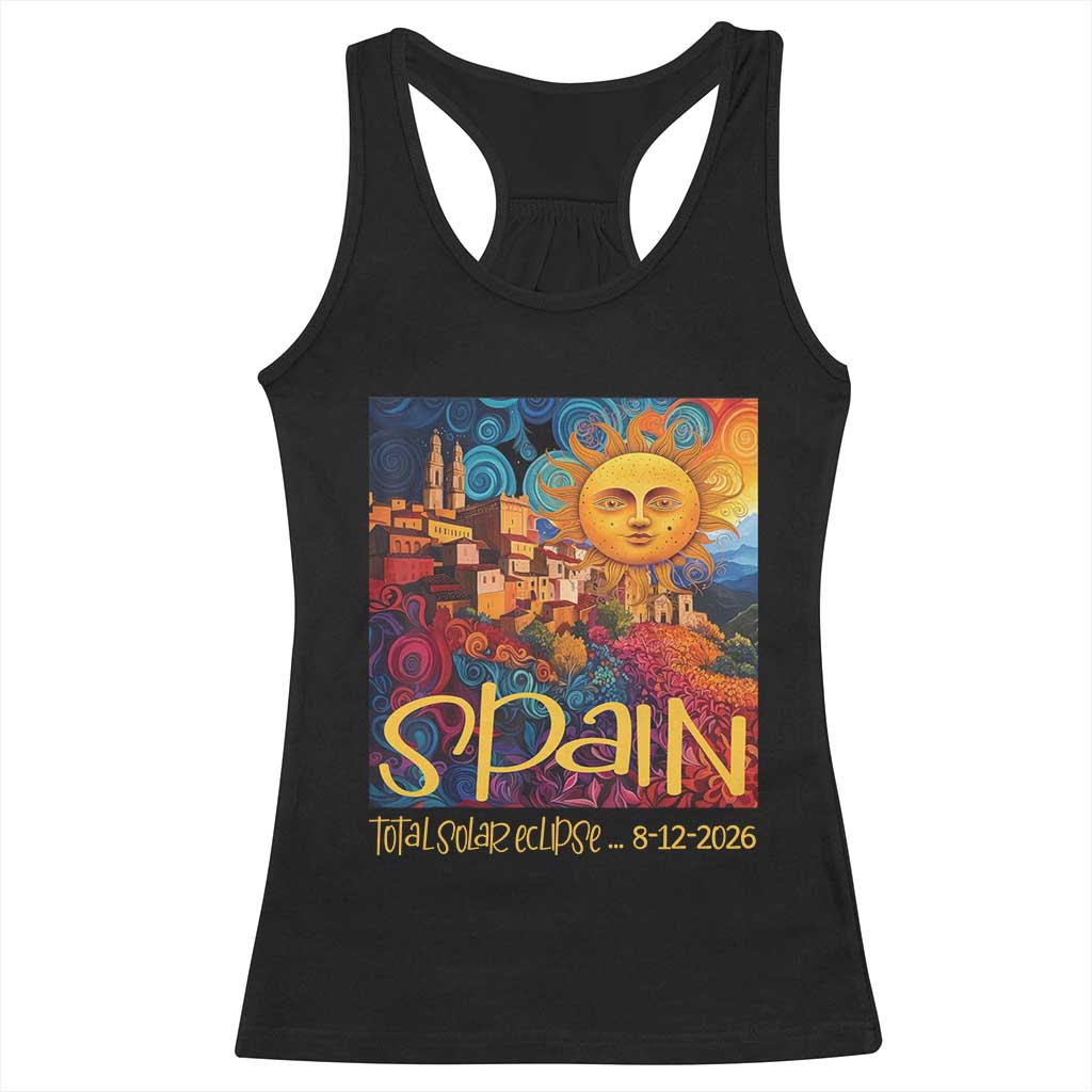 Spain 2026 Total Solar Eclipse Sun Face Graphic Racerback Tank Top Espana Totality Travel Memorabilia Astronomy Geek Gift