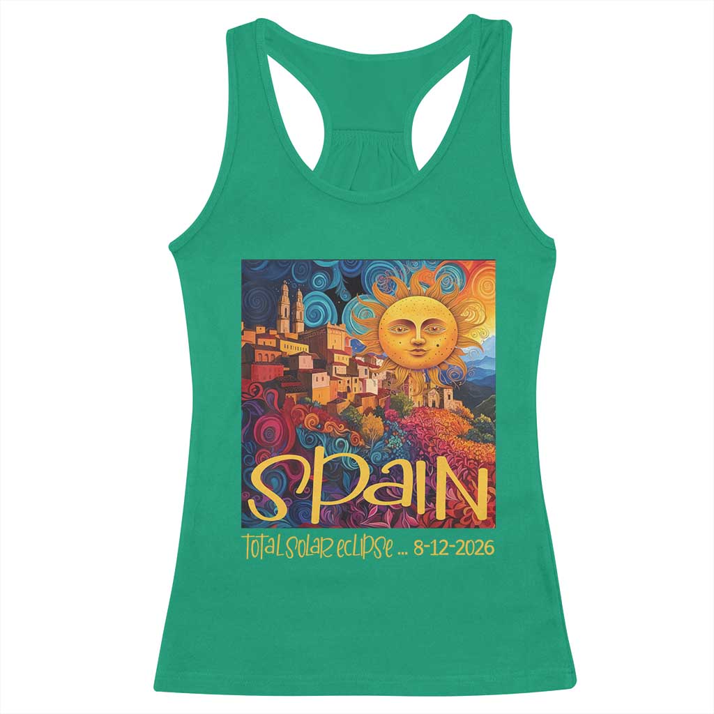 Spain 2026 Total Solar Eclipse Sun Face Graphic Racerback Tank Top Espana Totality Travel Memorabilia Astronomy Geek Gift
