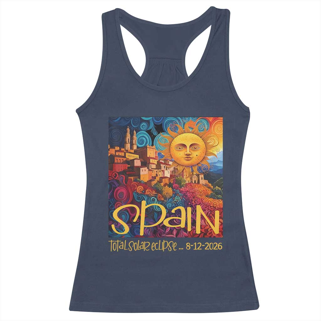 Spain 2026 Total Solar Eclipse Sun Face Graphic Racerback Tank Top Espana Totality Travel Memorabilia Astronomy Geek Gift