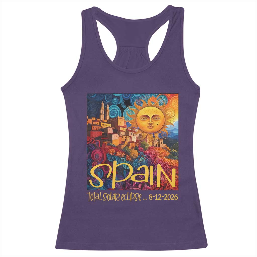 Spain 2026 Total Solar Eclipse Sun Face Graphic Racerback Tank Top Espana Totality Travel Memorabilia Astronomy Geek Gift
