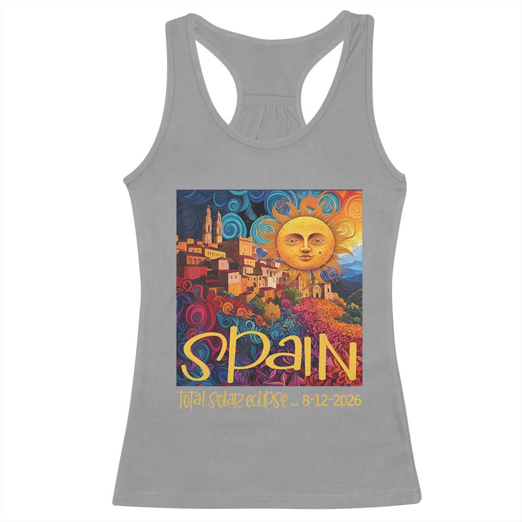 Spain 2026 Total Solar Eclipse Sun Face Graphic Racerback Tank Top Espana Totality Travel Memorabilia Astronomy Geek Gift
