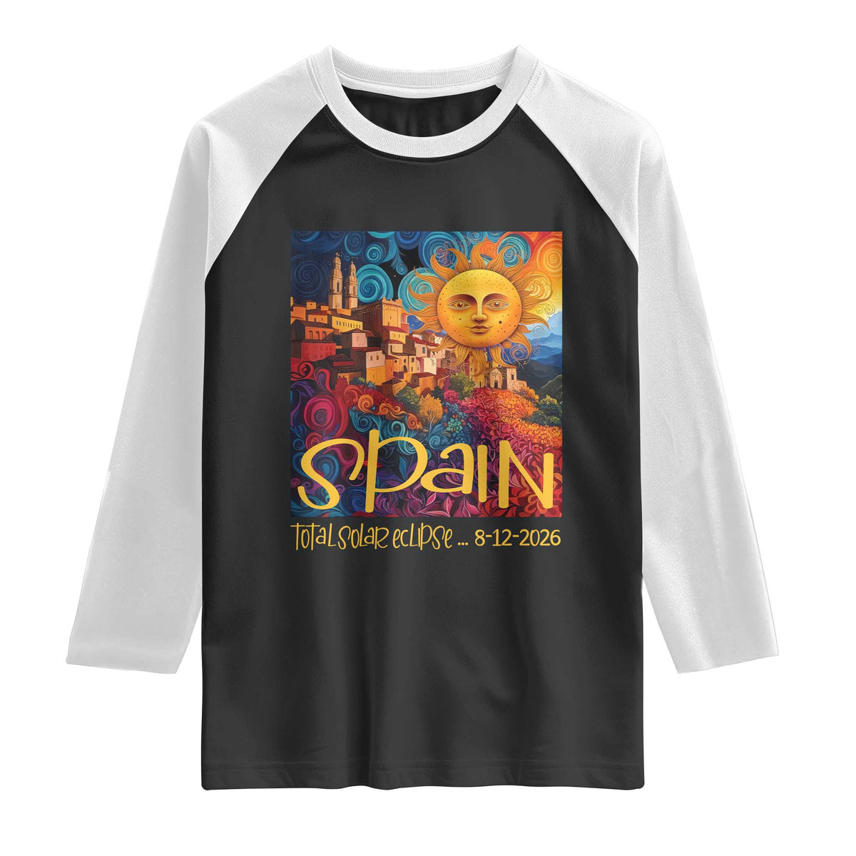 Spain 2026 Total Solar Eclipse Sun Face Graphic Raglan Shirt Espana Totality Travel Memorabilia Astronomy Geek Gift