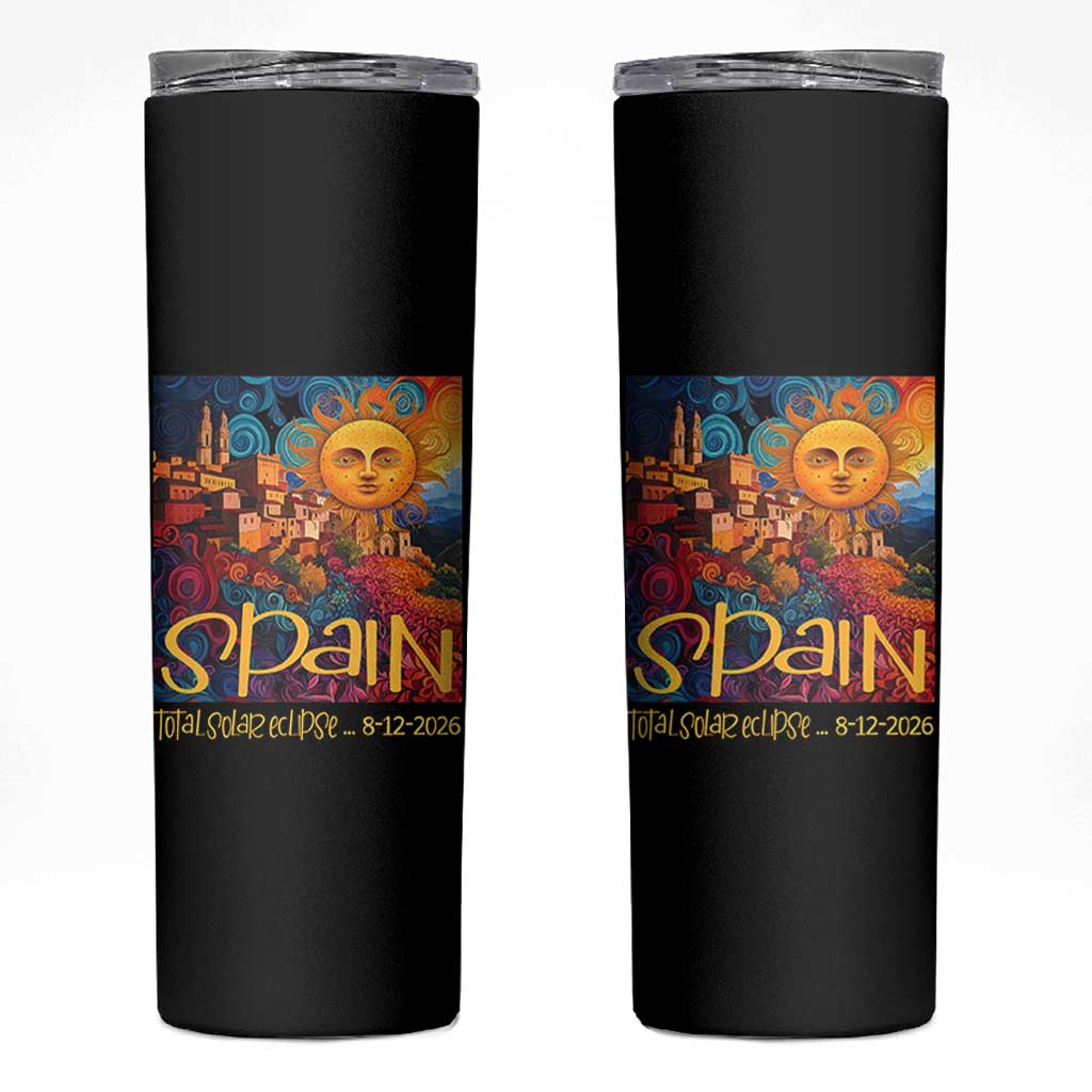 Spain 2026 Total Solar Eclipse Sun Face Graphic Skinny Tumbler Espana Totality Travel Memorabilia Astronomy Geek Gift