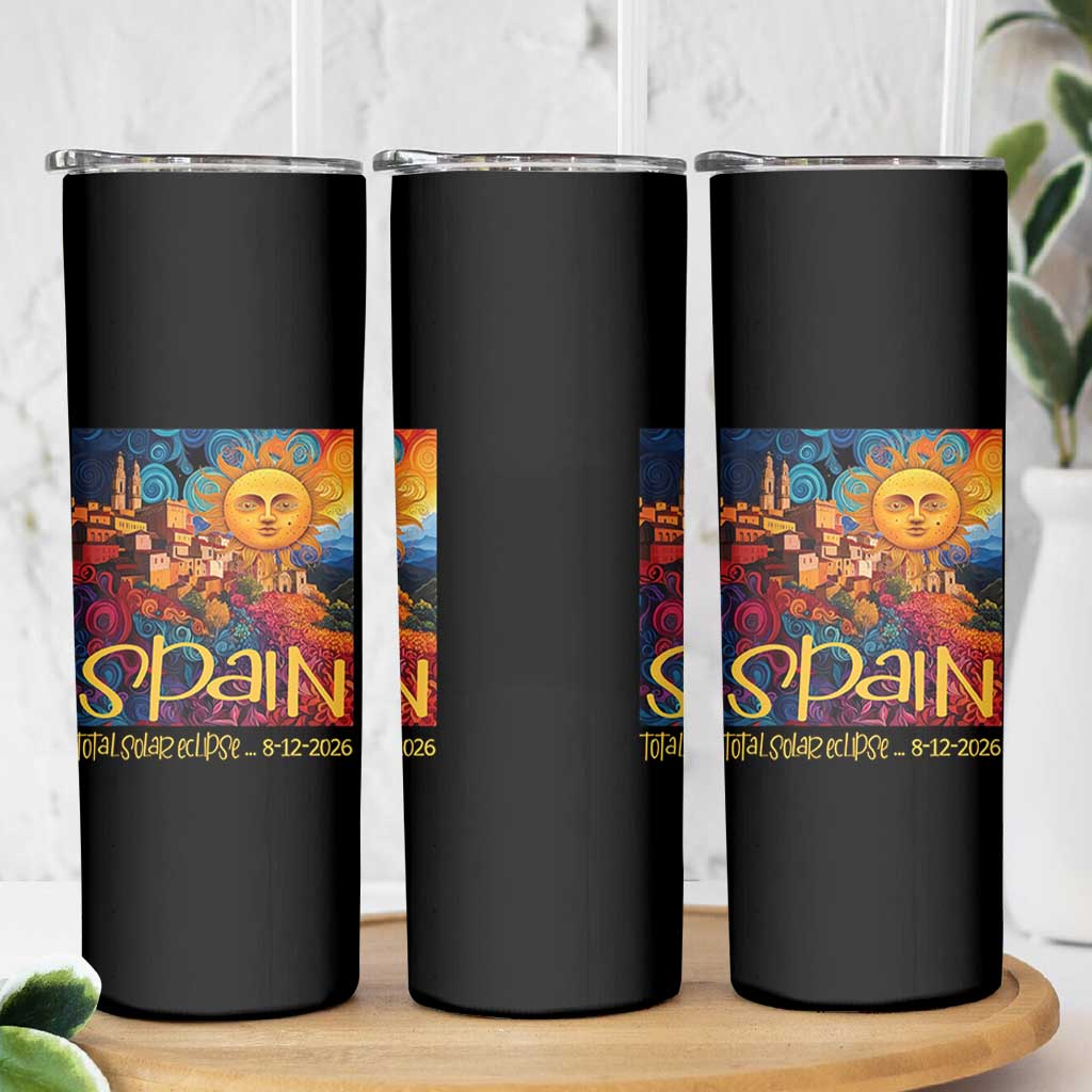 Spain 2026 Total Solar Eclipse Sun Face Graphic Skinny Tumbler Espana Totality Travel Memorabilia Astronomy Geek Gift