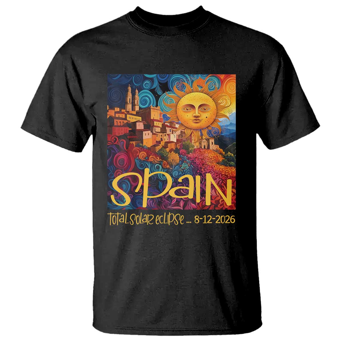 Spain 2026 Total Solar Eclipse Sun Face Graphic T Shirt Espana Totality Travel Memorabilia Astronomy Geek Gift