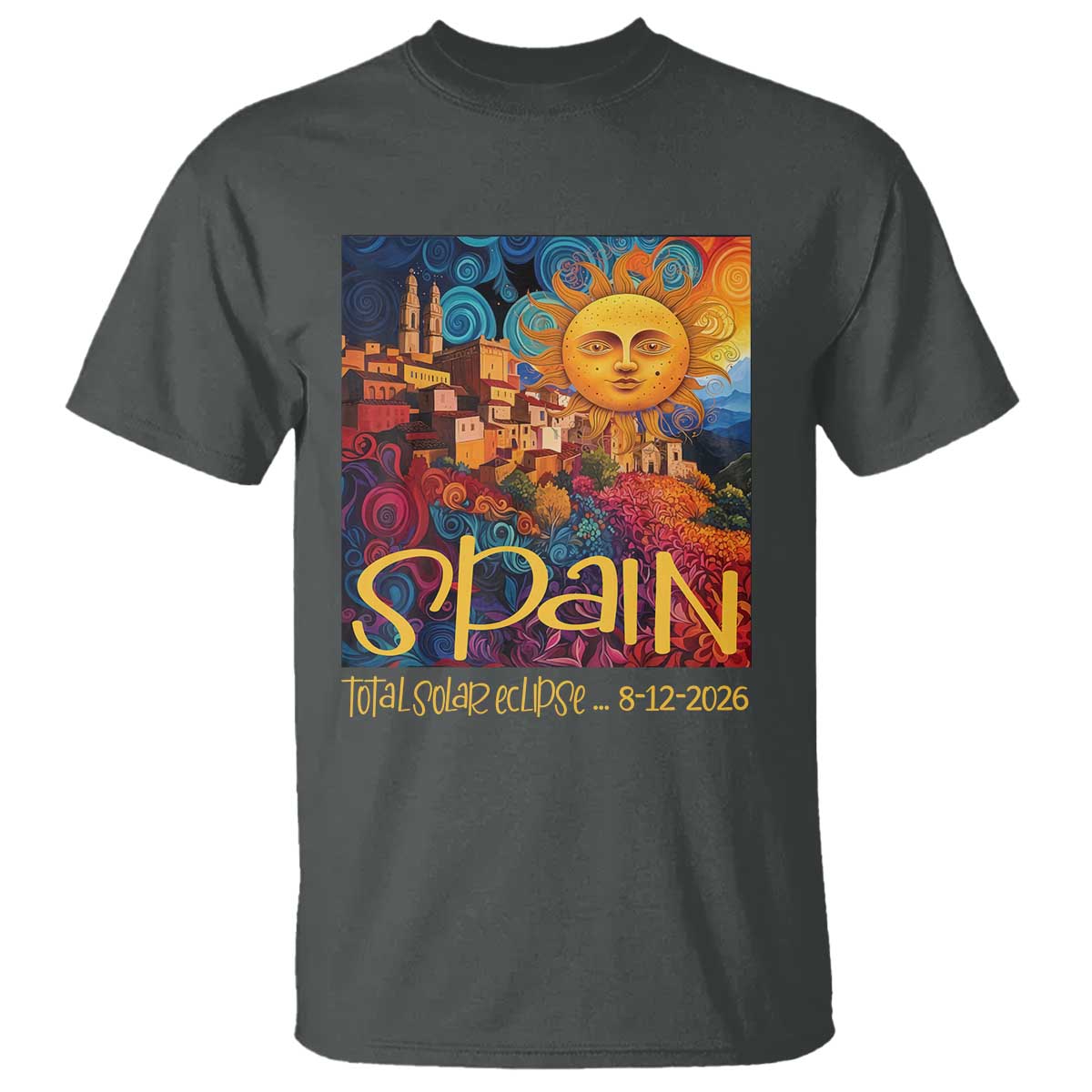 Spain 2026 Total Solar Eclipse Sun Face Graphic T Shirt Espana Totality Travel Memorabilia Astronomy Geek Gift