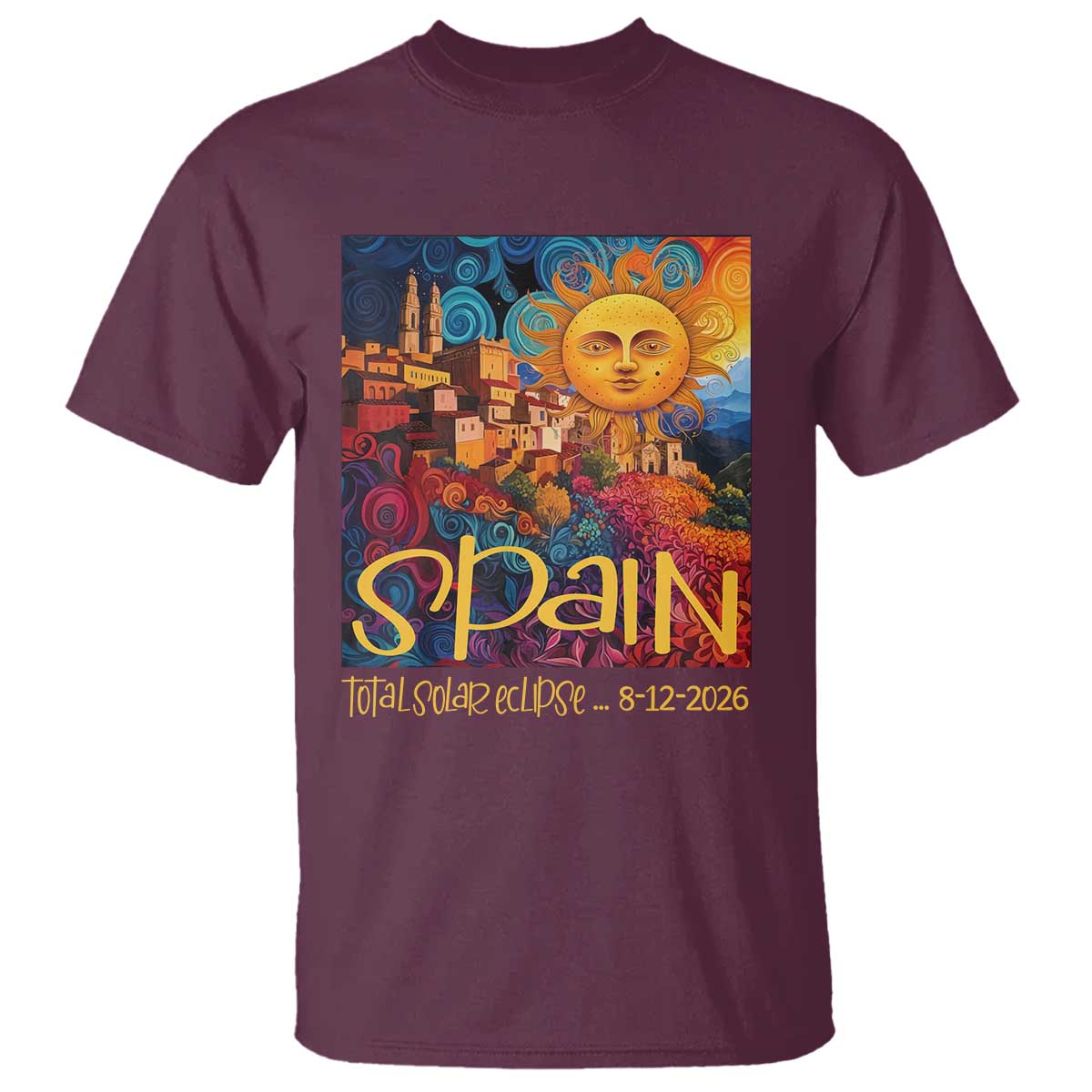 Spain 2026 Total Solar Eclipse Sun Face Graphic T Shirt Espana Totality Travel Memorabilia Astronomy Geek Gift