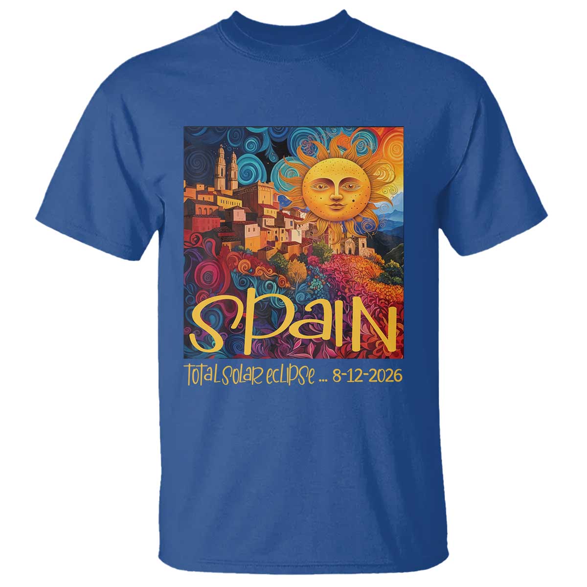 Spain 2026 Total Solar Eclipse Sun Face Graphic T Shirt Espana Totality Travel Memorabilia Astronomy Geek Gift