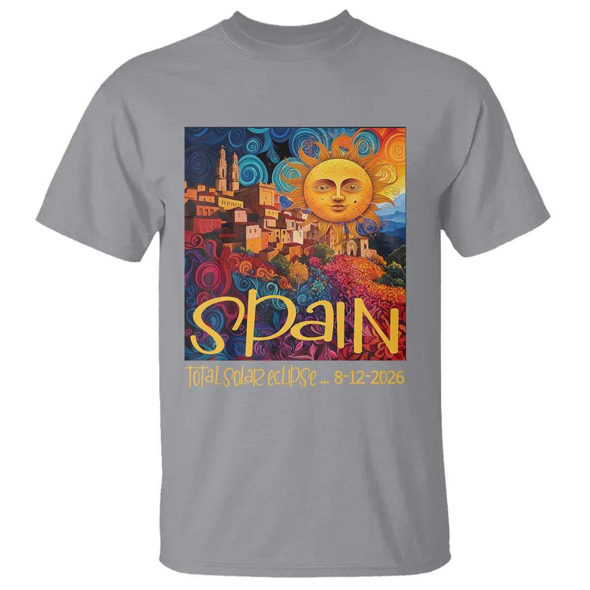 Spain 2026 Total Solar Eclipse Sun Face Graphic T Shirt Espana Totality Travel Memorabilia Astronomy Geek Gift