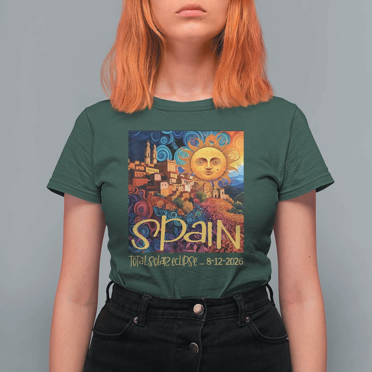 Spain 2026 Total Solar Eclipse Sun Face Graphic T Shirt For Women Espana Totality Travel Memorabilia Astronomy Geek Gift