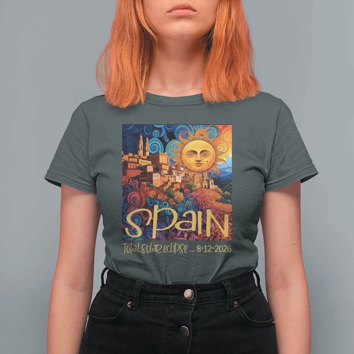 Spain 2026 Total Solar Eclipse Sun Face Graphic T Shirt For Women Espana Totality Travel Memorabilia Astronomy Geek Gift