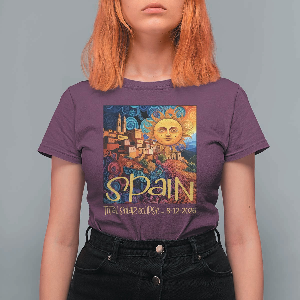 Spain 2026 Total Solar Eclipse Sun Face Graphic T Shirt For Women Espana Totality Travel Memorabilia Astronomy Geek Gift