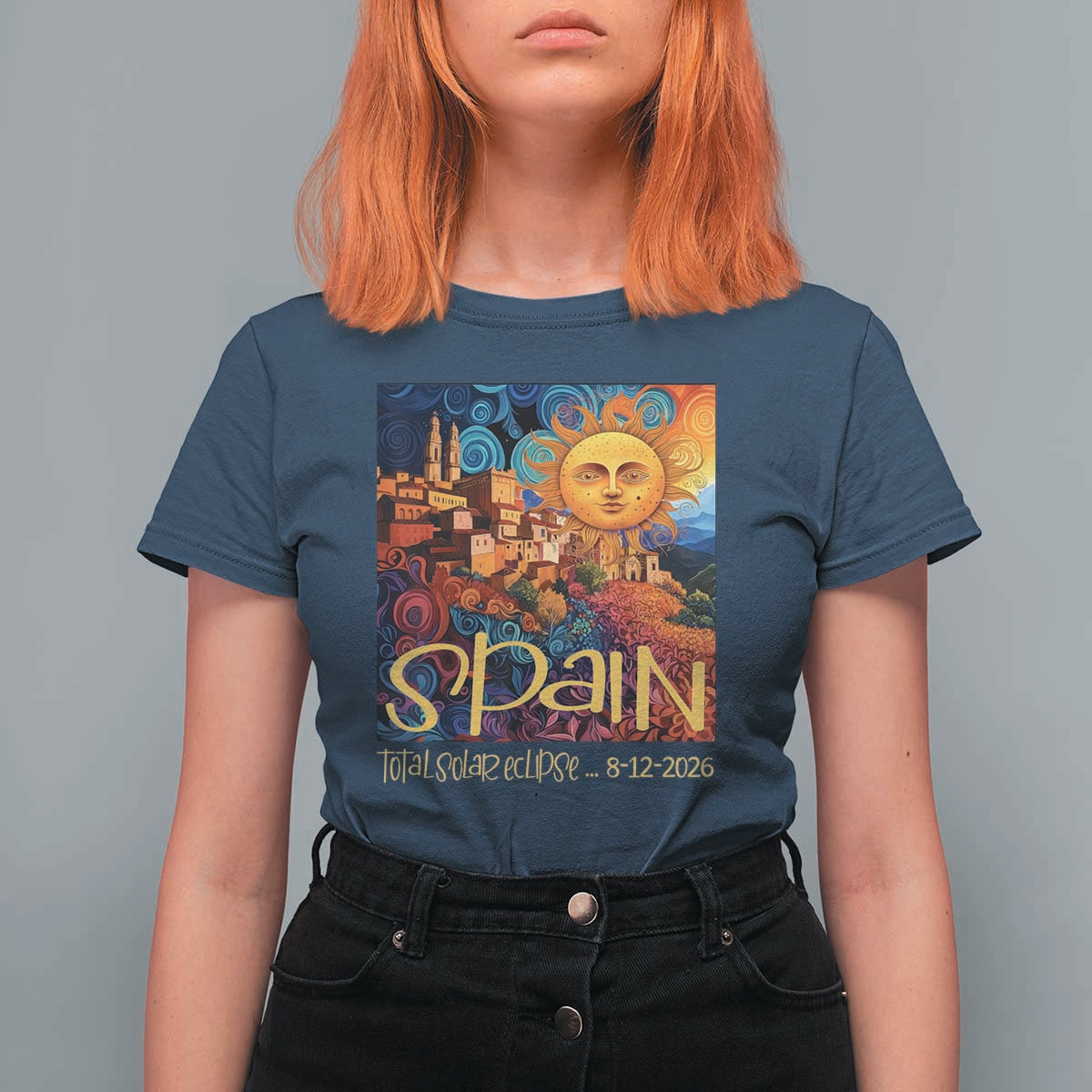 Spain 2026 Total Solar Eclipse Sun Face Graphic T Shirt For Women Espana Totality Travel Memorabilia Astronomy Geek Gift