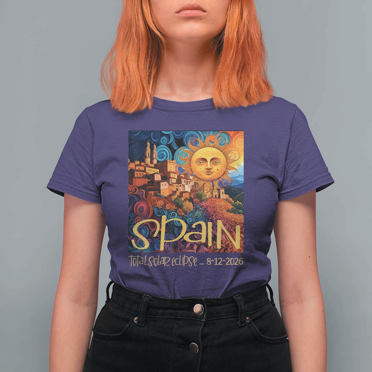 Spain 2026 Total Solar Eclipse Sun Face Graphic T Shirt For Women Espana Totality Travel Memorabilia Astronomy Geek Gift