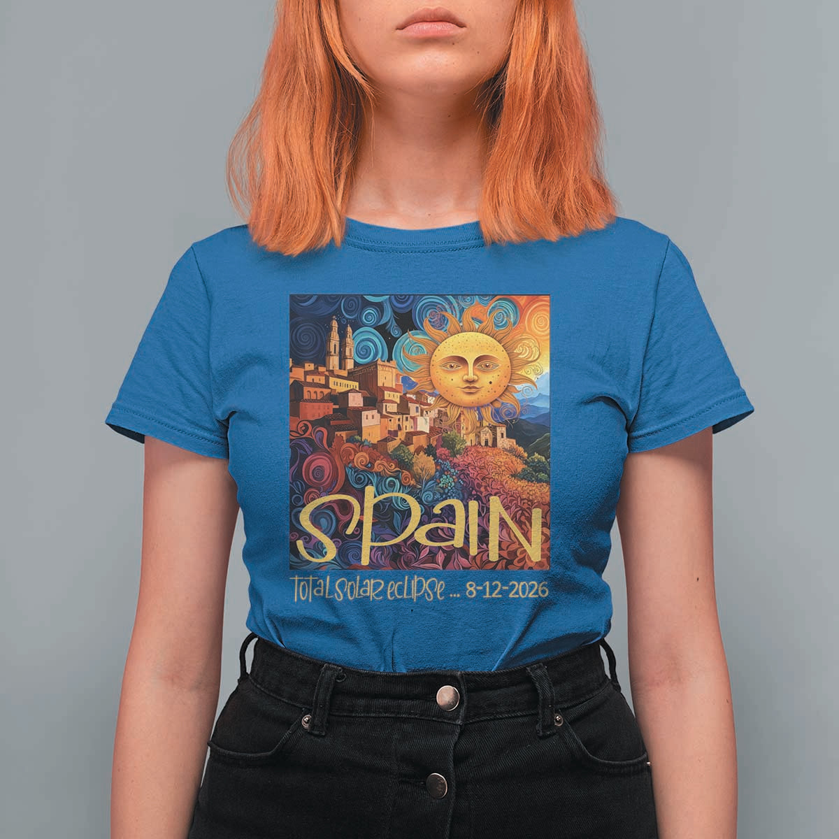 Spain 2026 Total Solar Eclipse Sun Face Graphic T Shirt For Women Espana Totality Travel Memorabilia Astronomy Geek Gift