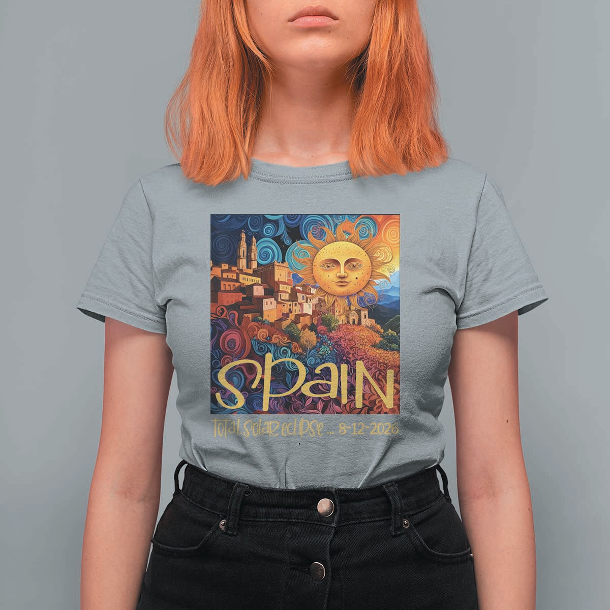 Spain 2026 Total Solar Eclipse Sun Face Graphic T Shirt For Women Espana Totality Travel Memorabilia Astronomy Geek Gift