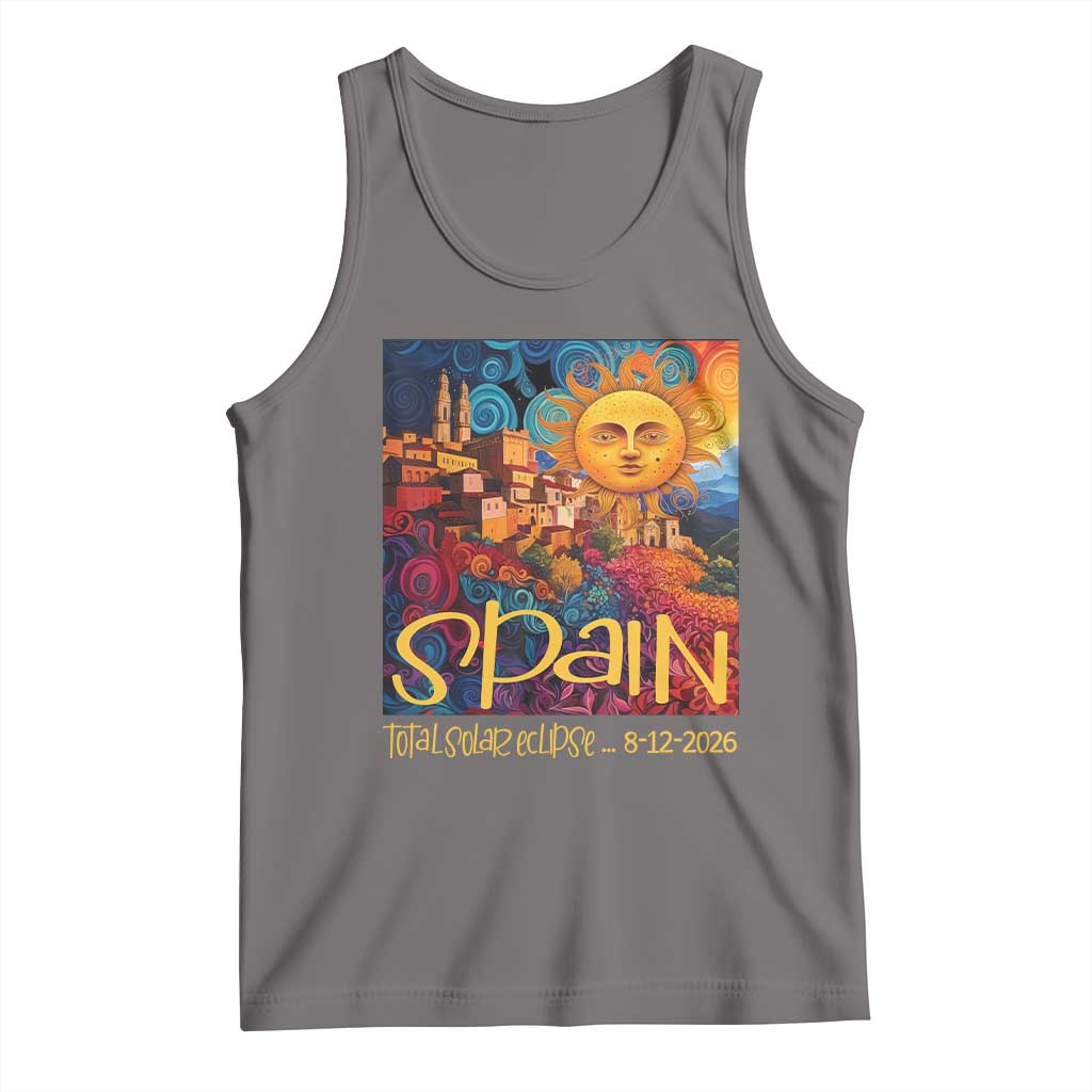 Spain 2026 Total Solar Eclipse Sun Face Graphic Tank Top Espana Totality Travel Memorabilia Astronomy Geek Gift