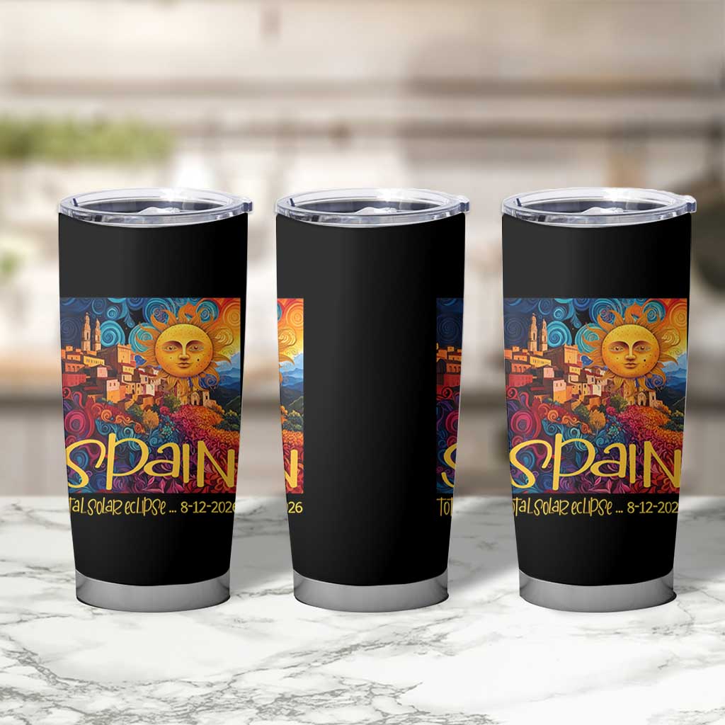 Spain 2026 Total Solar Eclipse Sun Face Graphic Tumbler Cup Espana Totality Travel Memorabilia Astronomy Geek Gift