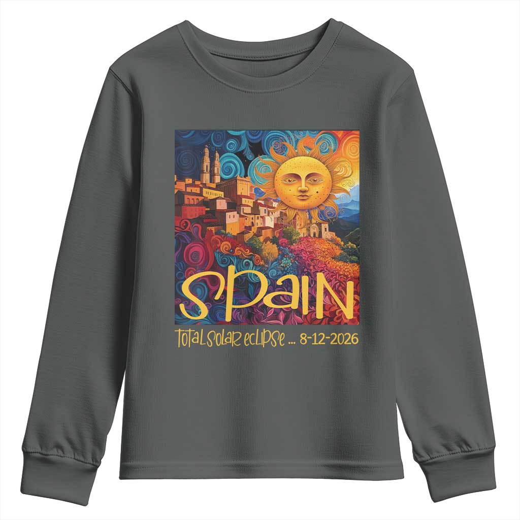 Spain 2026 Total Solar Eclipse Sun Face Graphic Youth Sweatshirt Espana Totality Travel Memorabilia Astronomy Geek Gift