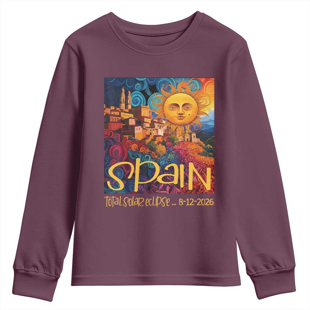 Spain 2026 Total Solar Eclipse Sun Face Graphic Youth Sweatshirt Espana Totality Travel Memorabilia Astronomy Geek Gift