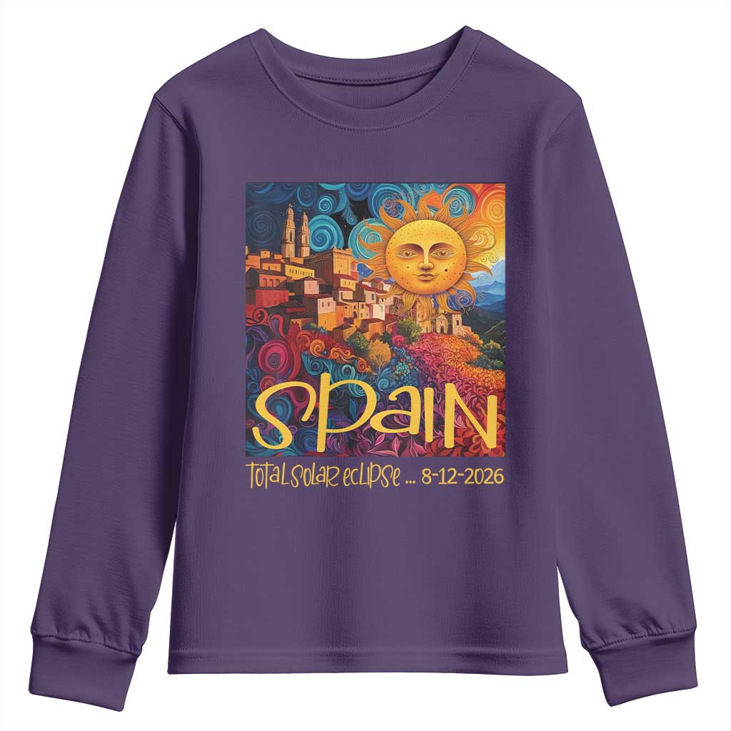Spain 2026 Total Solar Eclipse Sun Face Graphic Youth Sweatshirt Espana Totality Travel Memorabilia Astronomy Geek Gift