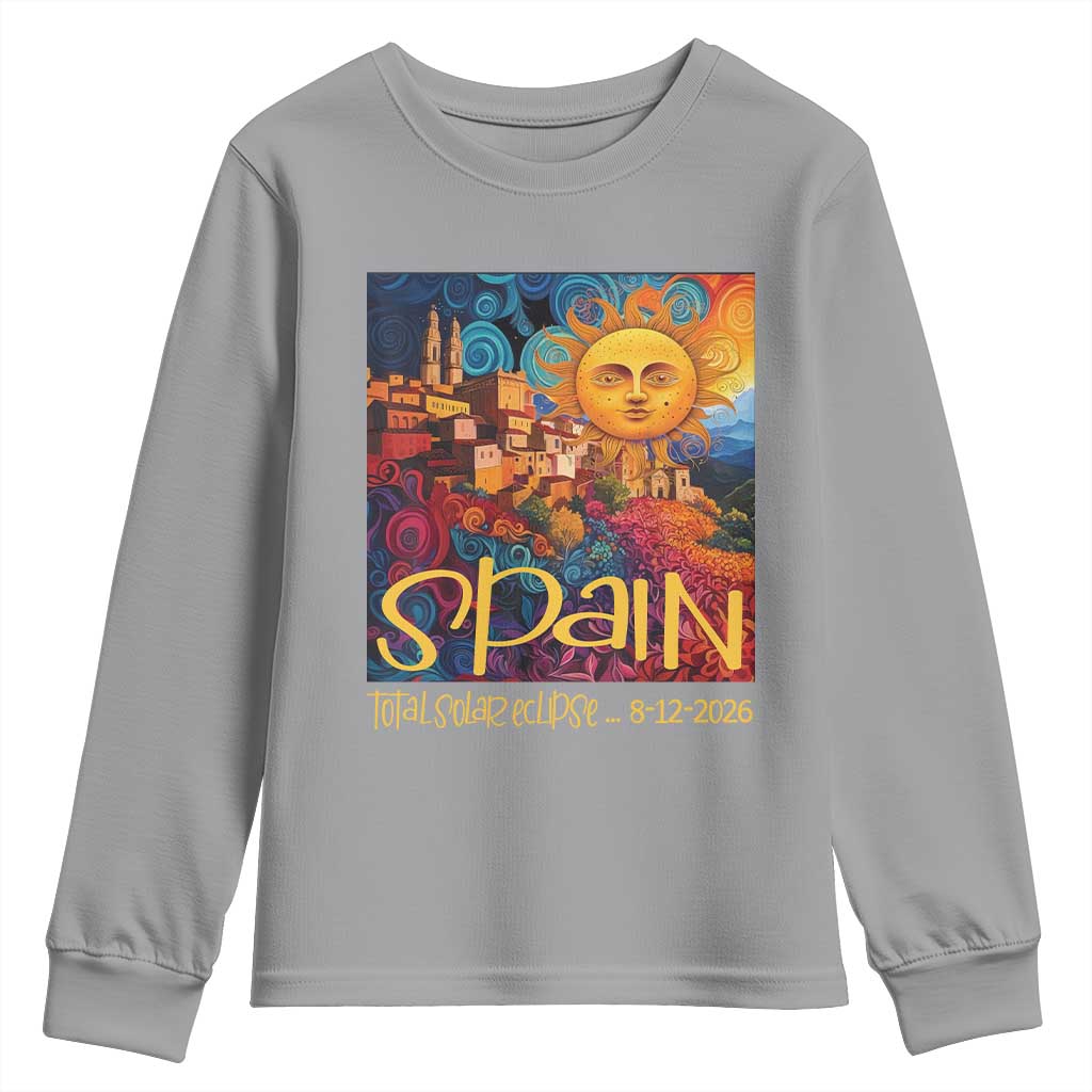 Spain 2026 Total Solar Eclipse Sun Face Graphic Youth Sweatshirt Espana Totality Travel Memorabilia Astronomy Geek Gift