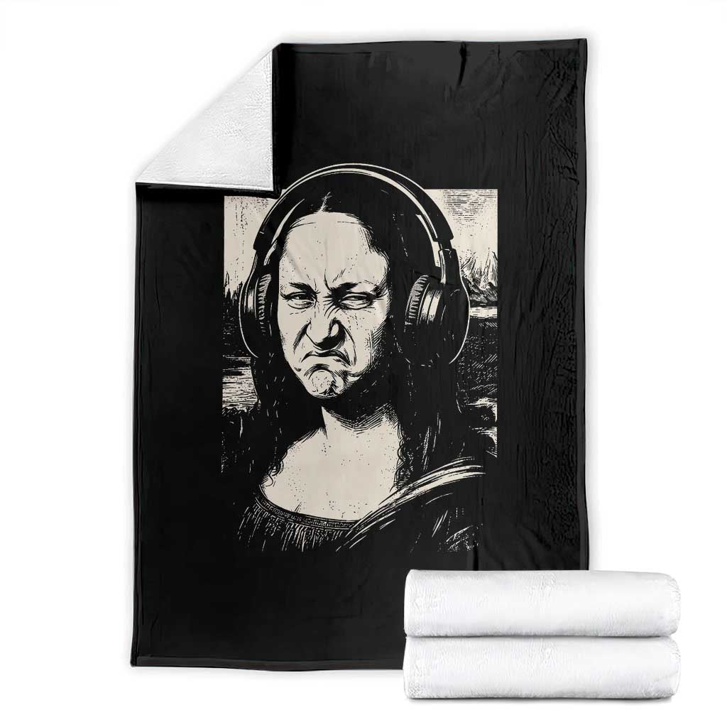 Funny Mona Lisa Wearing Headphones Bass Face Meme Throw Blanket Funny Classical Fine Art Parody Music Producer Graphic